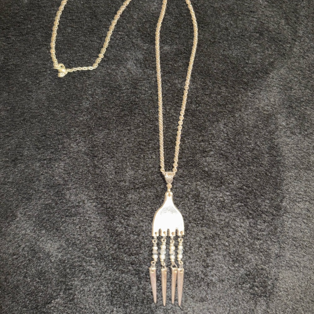 Sterling silver necklace made with a fork and pearls, 34"